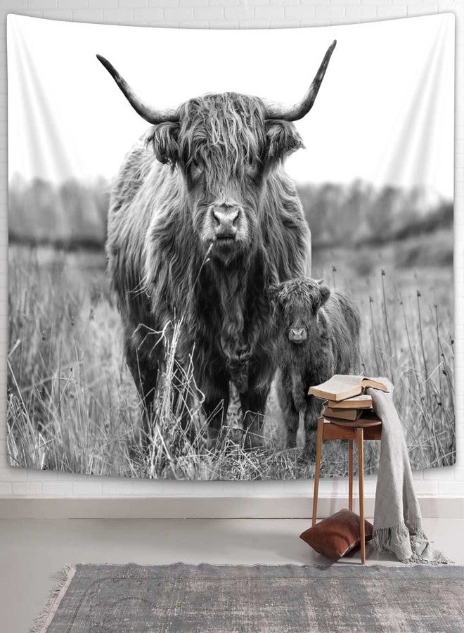 Bzhilja Highland Cow Tapestry, Funny Western Animal Grey Bull Wall Art Decor Tapestries, Country Farmhouse Farm Tapestry Wall Hanging for for Bedroom Living Room Dorm, 60X40 in - Image 1